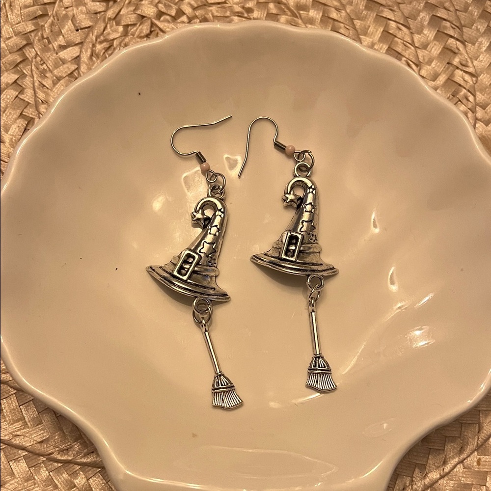 Charming Silver Witch Hat Earrings with Broomstick
